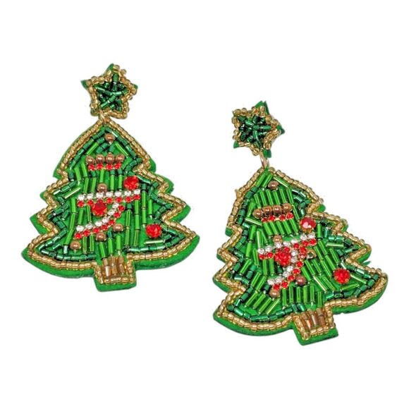 Handmade Beaded Xmas Holiday Seasonal Christmas Tree Post Earrings Multicolor - Picture 1 of 14